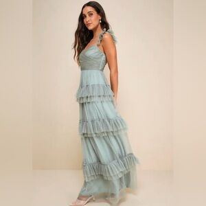 Lulu’s Pure Radiance Sage Brush Swiss Dot Tiered Maxi Dress - Size Medium- NWT